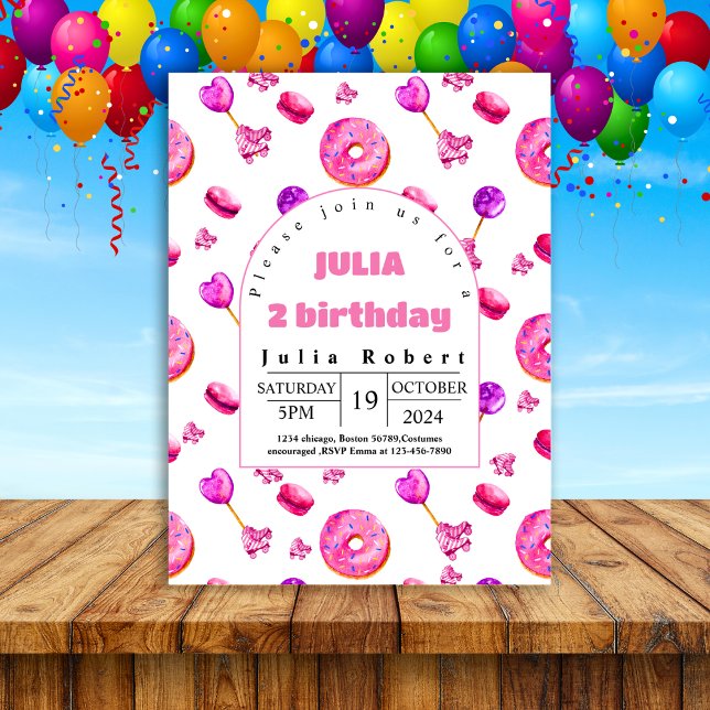 Roller Skating dessert doughnuts Birthday pink pur Invitation (Creator Uploaded)