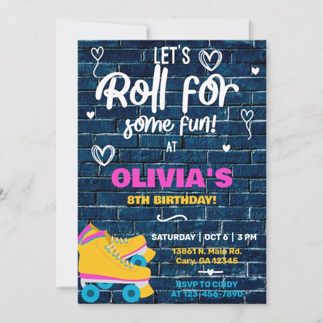 Roller skating girl birthday invite, skates. invitation (Front)