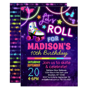 Roller Skating Girls Rainbow Neon Birthday Party Invitation