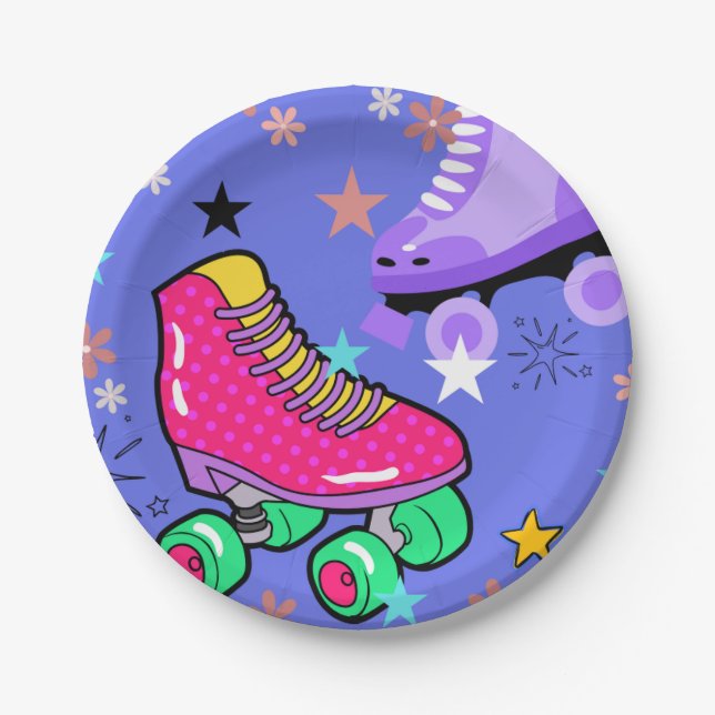 Roller Skating Girls Rainbow Neon Birthday Party Paper Plate (Front)
