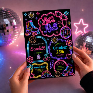 Roller Skating Girls Rainbow Neon Glow Birthday Invitation