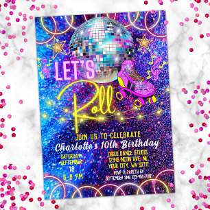 Roller Skating Let's Roll Disco Neon Pink Glow Invitation
