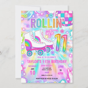 Roller Skating Neon Glow 11th Birthday Party Invitation