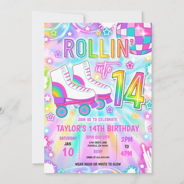 Roller Skating Neon Glow 14th Birthday Party Invitation (Front)