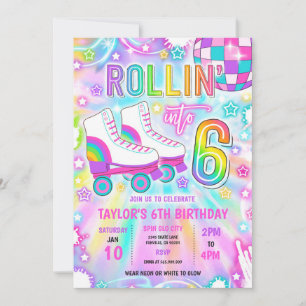 Roller Skating Neon Glow 6th Birthday Party Invitation