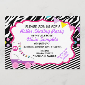 Roller Skating Party Zebra Birthday Invitation
