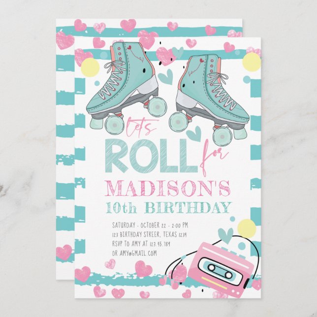 Roller Skating Pastel Blue Pink Girl Birthday Invitation (Front/Back)