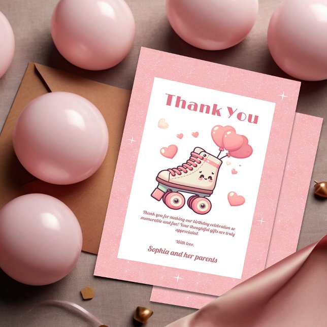Roller Skating Pink Heart Girl's Birthday Party Thank You Card (Creator Uploaded)