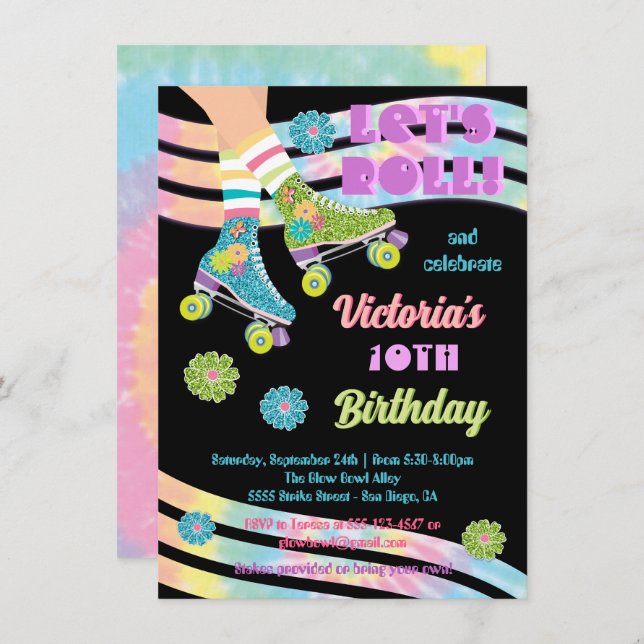 Roller Skating Retro Glitter Hippie Birthday Invitation (Front/Back)