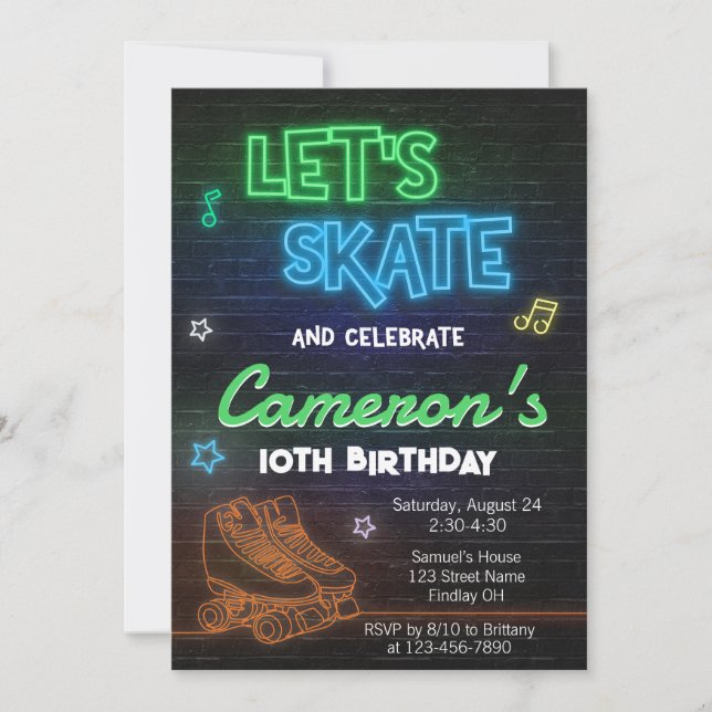 Roller Skating Rink Neon Birthday Party Invitation (Front)