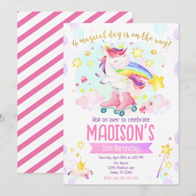 Roller Skating Unicorn Girl Magical Birthday Party Invitation (Front/Back)