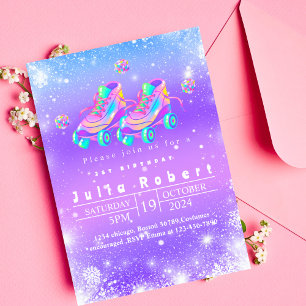 Roller Skating winter snow Birthday pink purple  Invitation