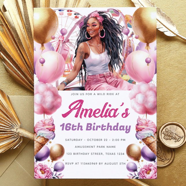 Rollercoaster Party African American Girl Custom Invitation (Creator Uploaded)