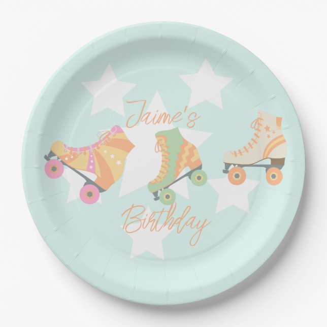Rollerskating Birthday Pastel Stars Paper Plate (Front)