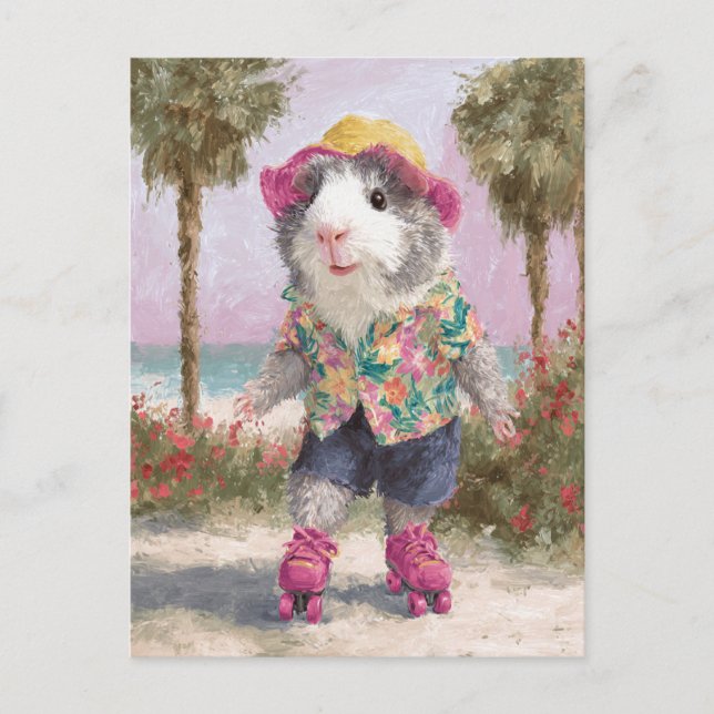 Rollerskating Guinea Pig at the Beach Postcard (Front)