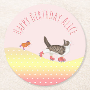 Rollerskating pets birthday party paper coaster