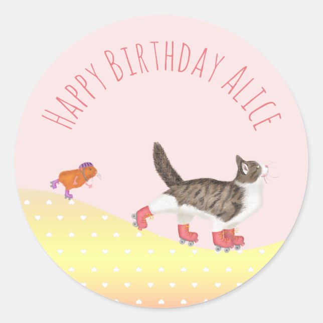 Rollerskating pets round stickers (Front)