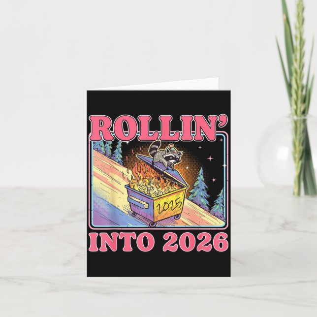 Rollin' Into 2026 Funny Raccoon Meme Happy New Yea Card (Front)
