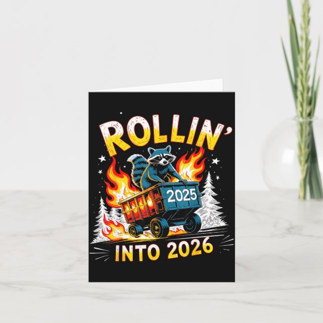 Rollin Into 2026 Funny Raccoon New Year Meme  Card (Front)