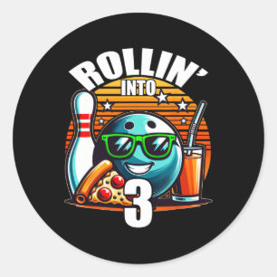Rollin Into 3 Bowling Birthday Party 3rd Birthday Classic Round Sticker