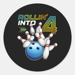 Rollin Into 4 Retro Bowling Birthday Party 4th Bir Classic Round Sticker