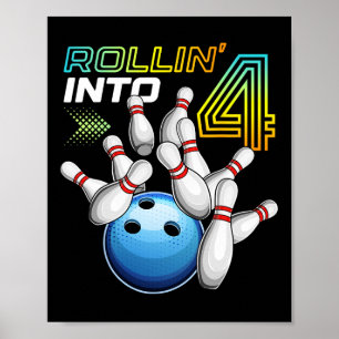 Rollin Into 4 Retro Bowling Birthday Party 4th Bir Poster