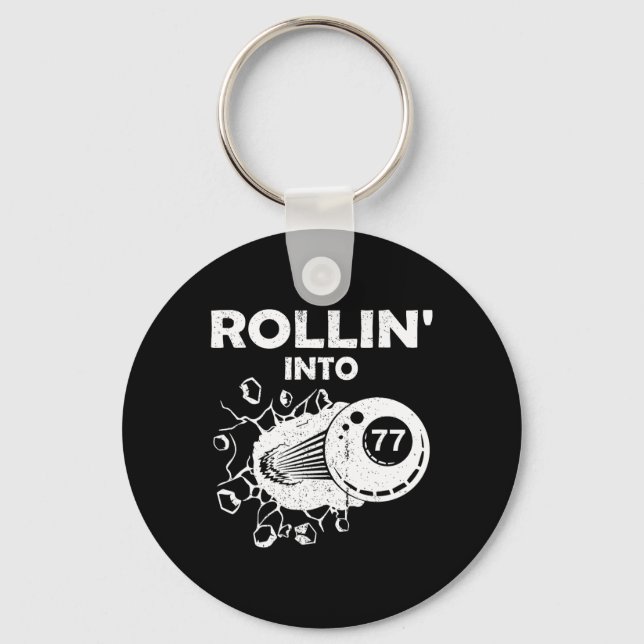 Rollin Into 77 Billiards 77th Birthday Flaming Bil Key Ring (Front)