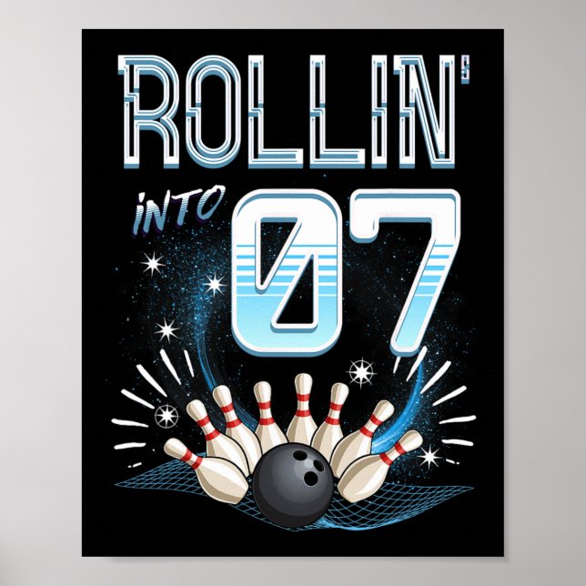 Rollin' Into 7 Bowling Birthday 7th Bowler Bday Pa Poster (Front)