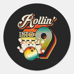 Rollin Into Bowling 9 Year Old Retro Birthday 9th  Classic Round Sticker
