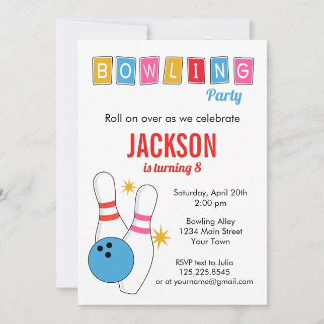 Rolling Bowling Ball Birthday Invitation  (Front)