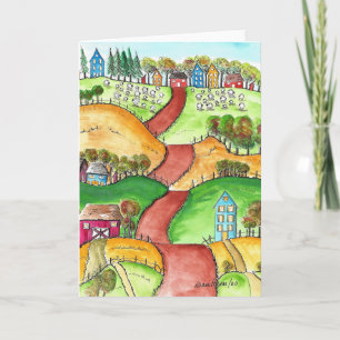 Rolling Hills, Colorful, Folk Art Painting Print Card