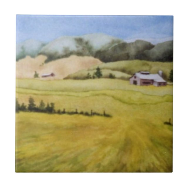 Rolling hills country farm with barn and fields ceramic tile (Front)