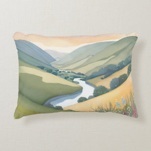 Rolling Hills Landscape Watercolor Beautiful Decorative Cushion
