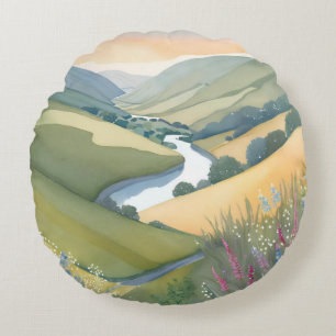 Rolling Hills Landscape Watercolor Beautiful Round Cushion