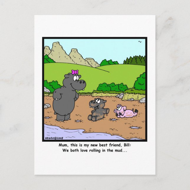 Rolling in the mud: Pig and Hippopotamus Cartoon Postcard (Front)