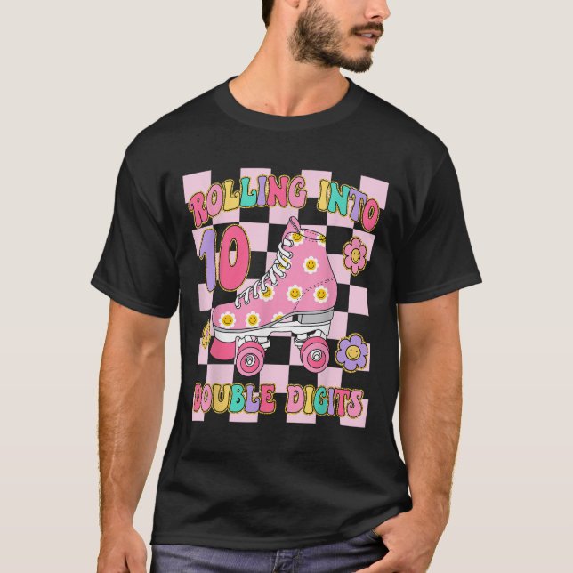 Rolling Into 10 Double Digits 10th Birthday Roller T-Shirt (Front)