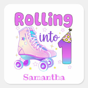 Rolling Into 1 Roller Skater Birthday Celebration Square Sticker