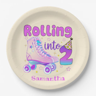 Rolling Into 2 - Cute Purple Roller Skate Birthday Paper Plate