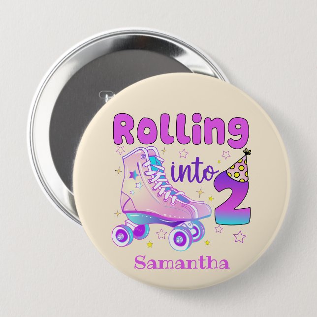 Rolling Into 2| Roller Skater Birthday Celebration 10 Cm Round Badge (Front & Back)