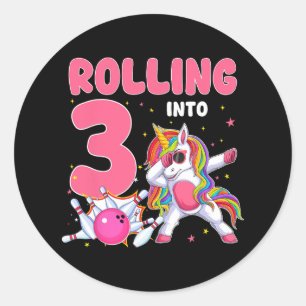 Rolling Into 3 3rd Birthday Unicorn Bowling 3 Year Classic Round Sticker