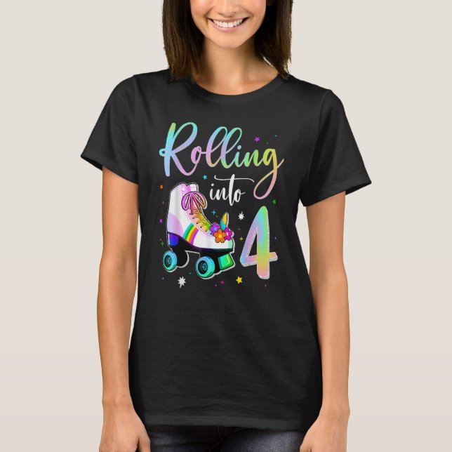 Rolling Into 4 Years Old Birthday Cute Skating Gir T-Shirt (Front)