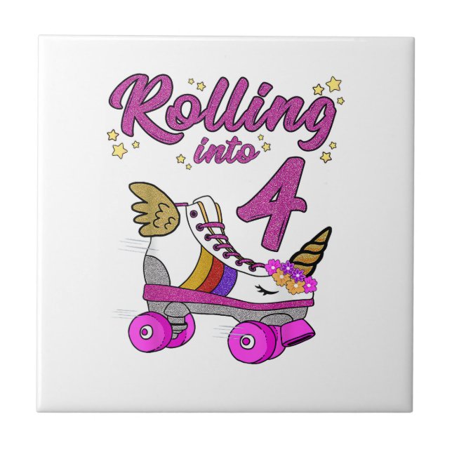 Rolling into 4th Birthday Shirt Unicorn Roller Ska Ceramic Tile (Front)