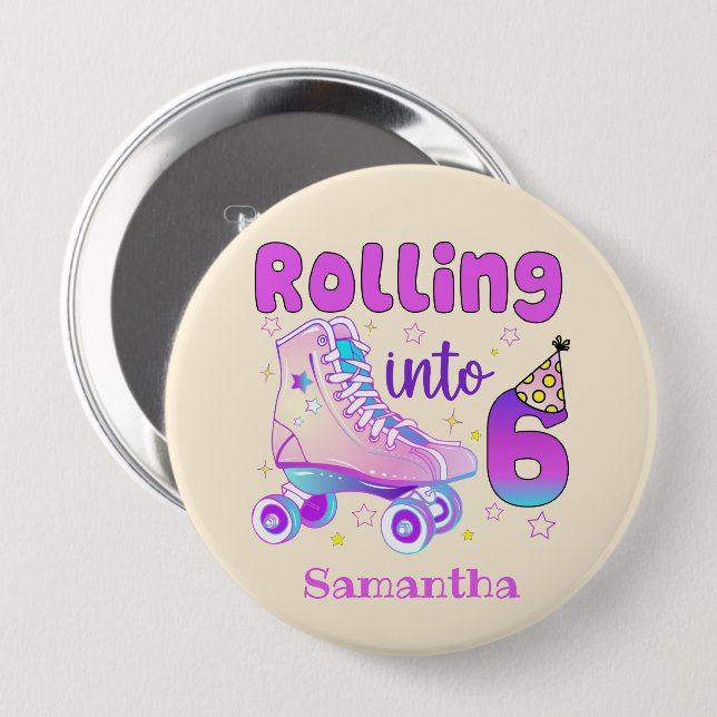 Rolling Into 6 - Cute Purple Roller Skate Birthday 10 Cm Round Badge (Front & Back)