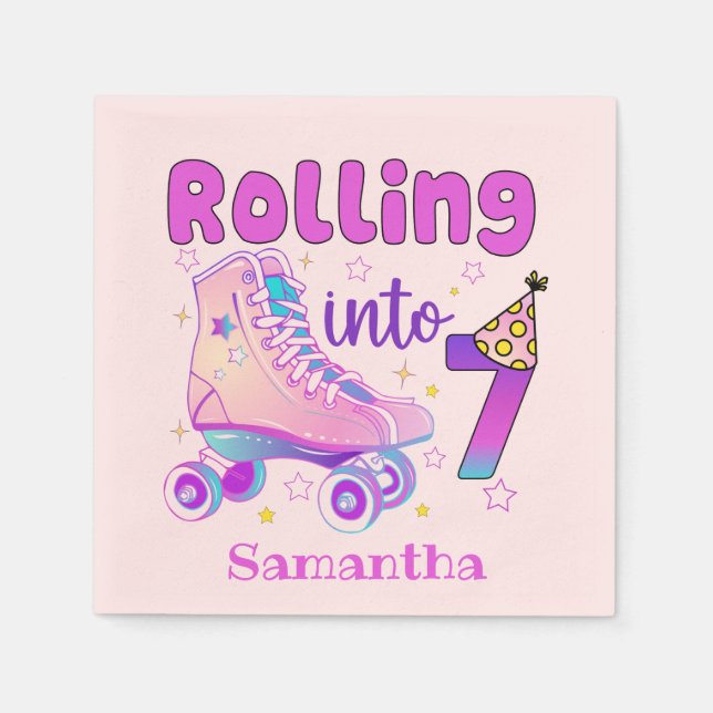 Rolling Into 7| Roller Skater Birthday Celebration Napkin (Front)