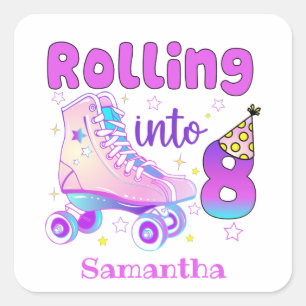 Rolling Into 8 Roller Skater Birthday Celebration Square Sticker