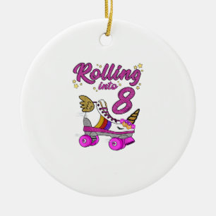 Rolling into 8th Birthday Shirt Unicorn Roller Ska Ceramic Ornament