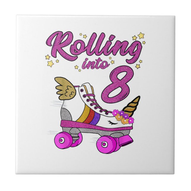 Rolling into 8th Birthday Shirt Unicorn Roller Ska Ceramic Tile (Front)