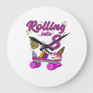 Rolling into 8th Birthday Shirt Unicorn Roller Ska Large Clock