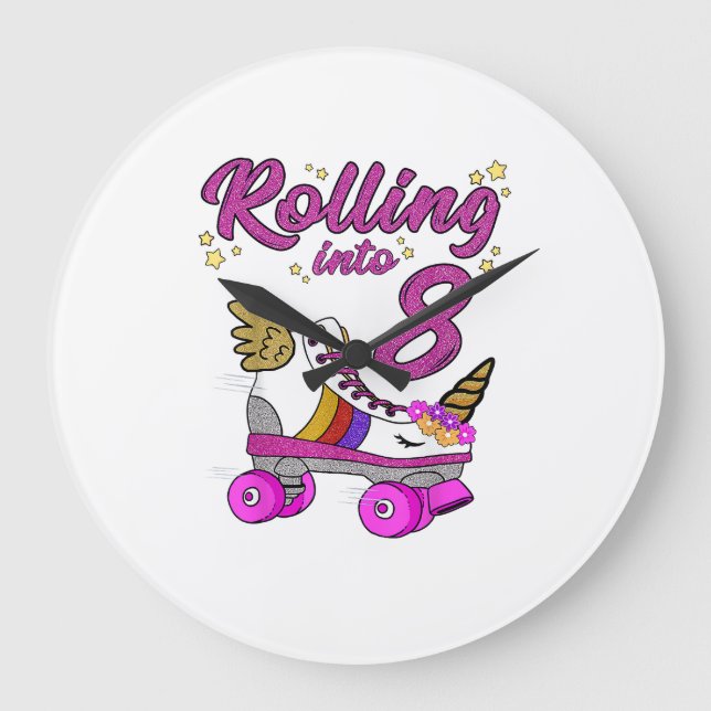 Rolling into 8th Birthday Shirt Unicorn Roller Ska Large Clock (Front)