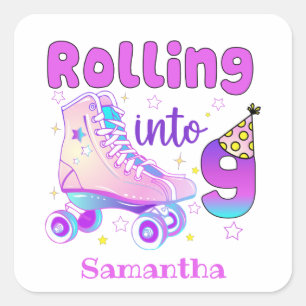 Rolling Into 9 Roller Skater Birthday Celebration Square Sticker